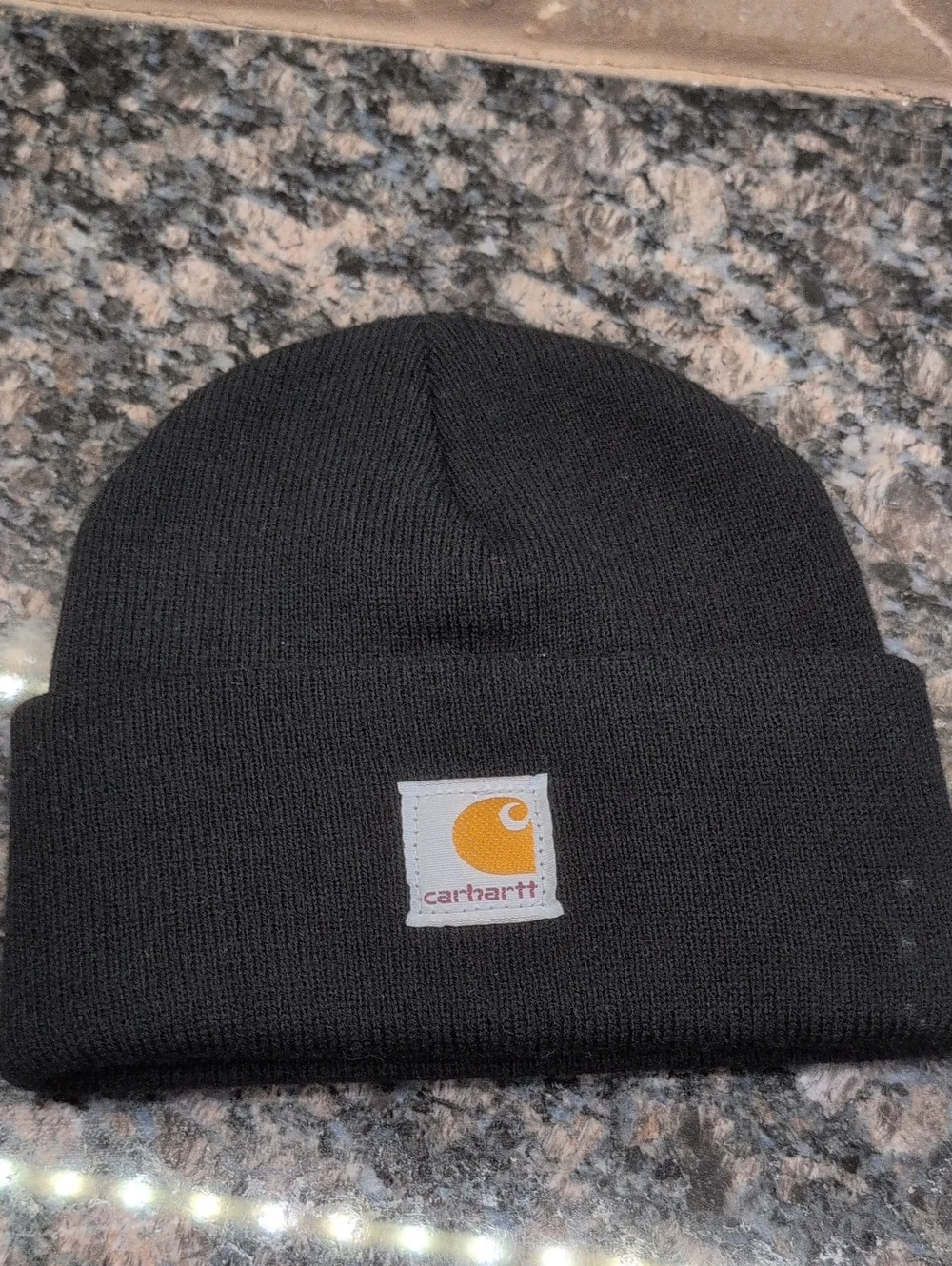 Carhartt Black Cuffed Beanie Youth Size with Yellow Logo Patch
